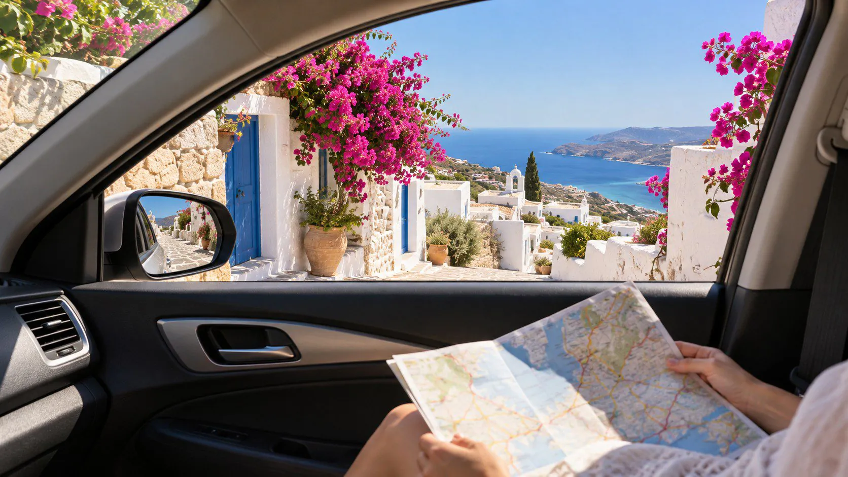 Vue depuis une voiture sur un village grec et la mer — illustration originale