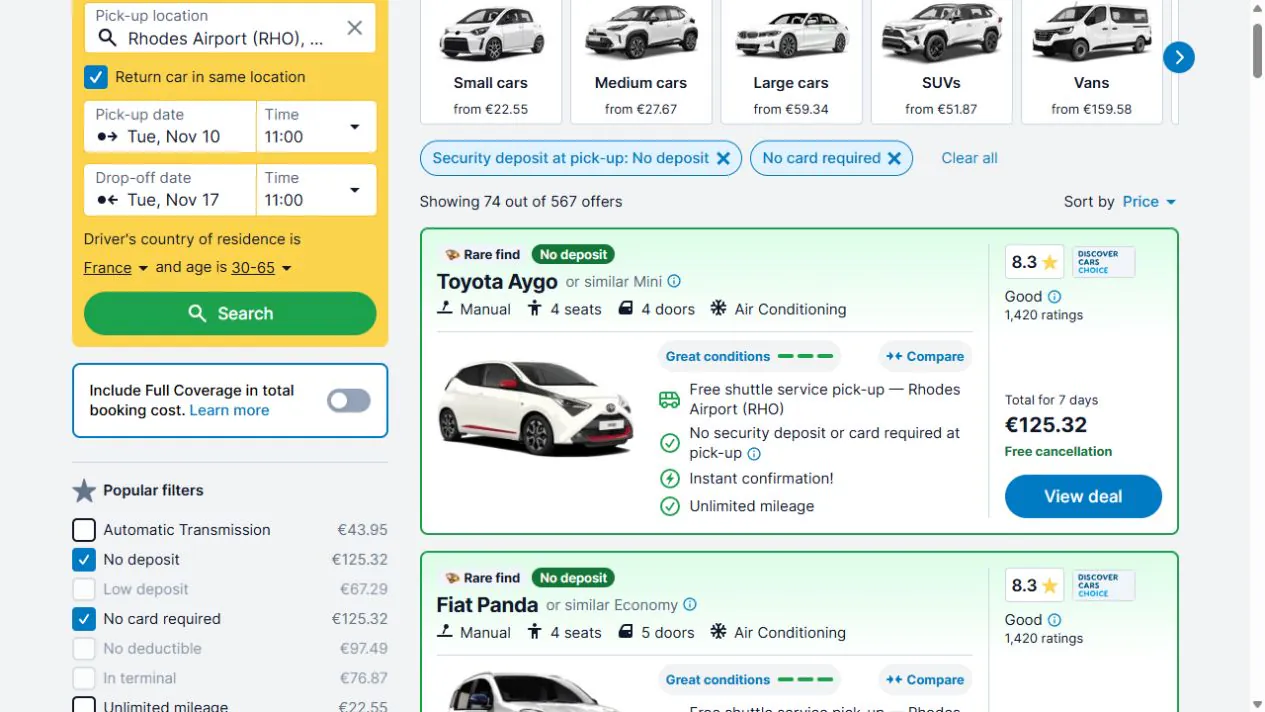Toyota Aygo à 125,32 euros à Rhodes avec les filtres No deposit et No card required